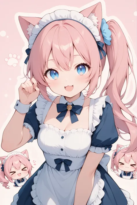 Cat ears、Maid Outfit、pink hair、long hair、side ponytail、cute、blue eyes、 very energetic girl 、>_<,:3