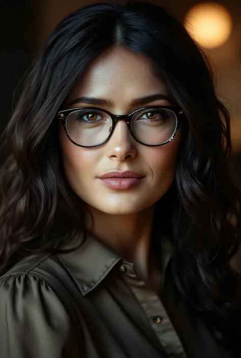arafed woman wearing a collared satin blouse under a crewneck sweater, warm smile, gorgeous dark eyes, glasses