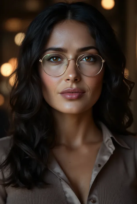 arafed woman wearing a collared satin blouse under a crewneck sweater, warm smile, gorgeous dark eyes, glasses