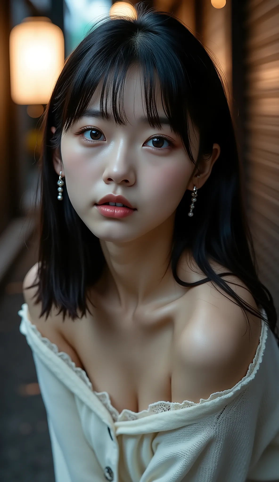 ((Front shot from above chest:1.5))、(Face-to-Face)、(face the bulge)、(Both shoulders)、(Both ears )、(petite young Japanese woman traveling)、Back Alley at Night、(eyes closed:1.4)、(Pointed Lips:1.45)、( is facing his face diagonally upward)、(Face just before ki...