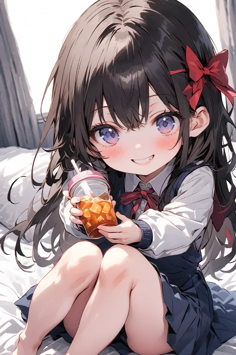 (One personの少女)、One person、Solo Photo、uniform、Barefoot、dark haired、long hair、ribbon on head、(Primary school student 1.2)、with a young face、( feeding)、Smile Yan、full body image、face up with ties、spreading hands、widens legs、Holding iced tea in hand