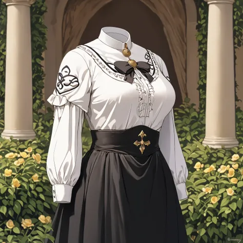 Hilda Valentine Goneril, white blouse, black skirt, Garreg Mach uniform, masterpiece, in garden, (invisible:1.5, no humans:1.5, headless:1.5, faceless:1.5), cute big breasts, detailed cloth texture
