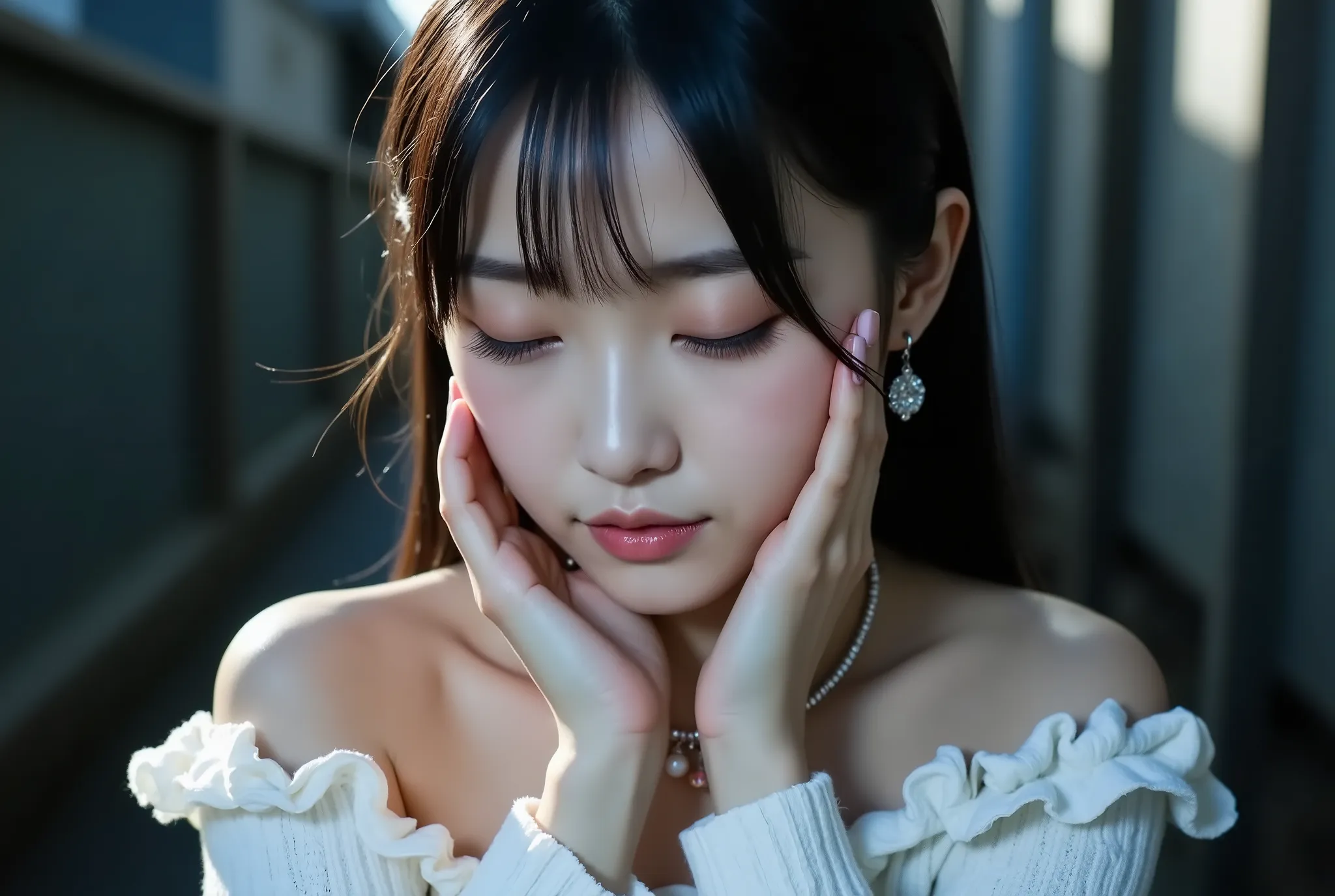 ((胸から上をFace-to-Faceから撮影:1.5))、(Face-to-Face)、(face the bulge)、(Both shoulders)、(Both ears )、(petite young Japanese woman traveling)、Back Alley at Night、(((Close your eyelids and mouth:1.4)))、( is facing his face diagonally upward)、Shot at an angle overlook...
