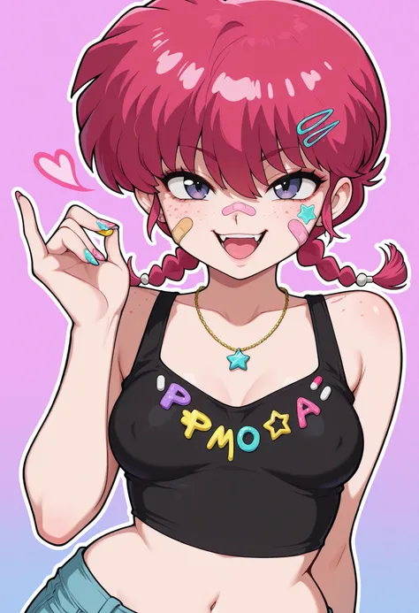 safe_pos, Ranma Saotome. red hair. pigtail. blue eyes. braid. small breasts. huge hips. necklace. black eyeliner. pink manicure. | masterpiece, best quality, amazing quality, high resolution, aesthetic , smug, smile, open mouth, portrait, teasing, perky br...