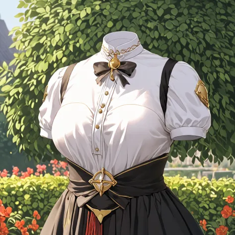 Hilda Valentine Goneril, white blouse, black skirt, Garreg Mach uniform, masterpiece, in garden, (invisible:1.5, no humans:1.5, headless:1.5, faceless:1.5), cute big breasts, detailed cloth texture, extremely details, close-up to breasts