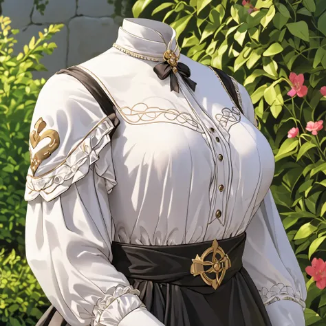 Hilda Valentine Goneril, white blouse, black skirt, Garreg Mach uniform, masterpiece, in garden, (invisible:1.5, no humans:1.5, headless:1.5, faceless:1.5), cute big breasts, detailed cloth texture, extremely details, close-up to breasts