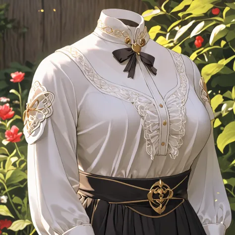 Hilda Valentine Goneril, white blouse, black skirt, Garreg Mach uniform, masterpiece, in garden, (invisible:1.5, no humans:1.5, headless:1.5, faceless:1.5), cute big breasts, detailed cloth texture, extremely details, close-up to breasts