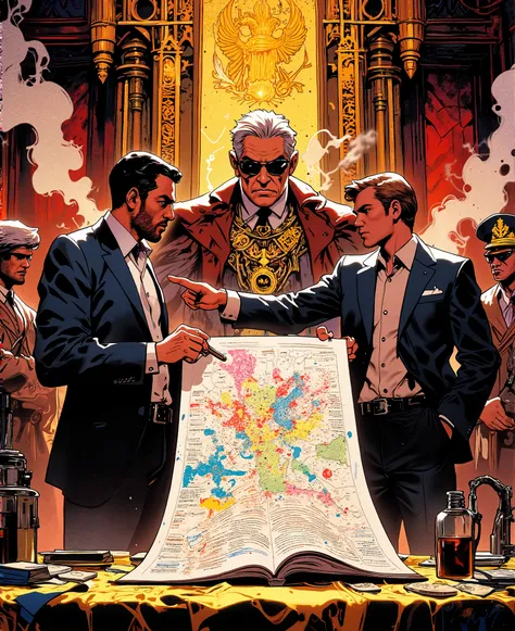 Two men in suits nervously presenting a business plan to a dangerous-looking cartel boss inside a luxurious but gritty cartel hideout. One of the guys is standing and pointing at a board with a colorful, ridiculous startup diagram. The other standing besid...