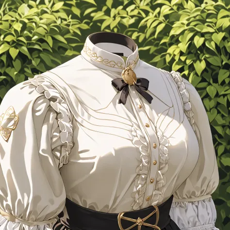 Hilda Valentine Goneril, white blouse, black skirt, Garreg Mach uniform, masterpiece, in garden, (invisible:1.5, no humans:1.5, headless:1.5, faceless:1.5), cute big breasts, detailed cloth texture, extremely details, close-up to breasts