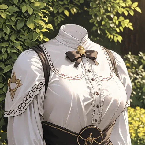 Hilda Valentine Goneril, white blouse, black skirt, Garreg Mach uniform, masterpiece, in garden, (invisible:1.5, no humans:1.5, headless:1.5, faceless:1.5), cute big breasts, detailed cloth texture, extremely details, close-up to breasts