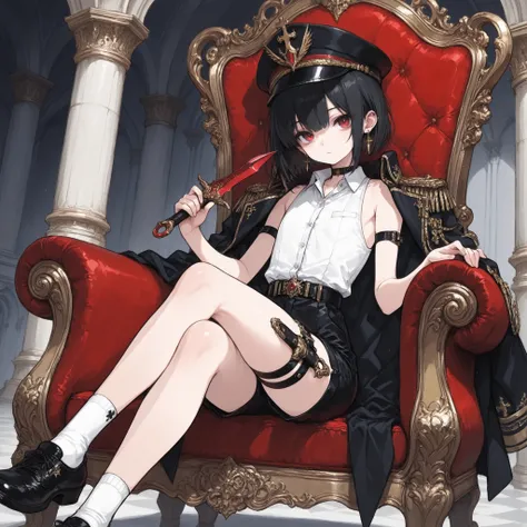 ((Best quality)), ((masterpieces)), (detailed), perfect face, SOLO, ((femboy)), tomgirl, ANIME, beautiful detailed eyes, BOB hair, BOBed hair, black hair, RED EYES, BARE thighs, (((BARE LEG))), ((BLACK short pants)), (((dress shirt))), ((Flat chest)), Chok...