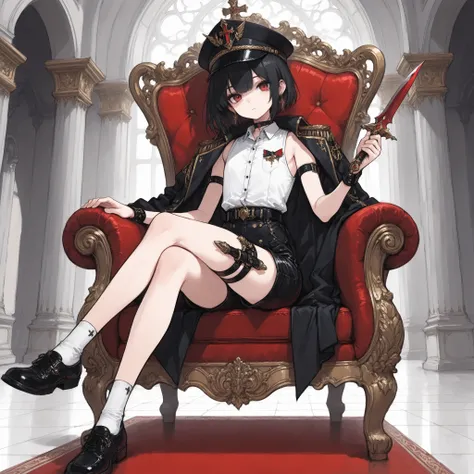 ((Best quality)), ((masterpieces)), (detailed), perfect face, SOLO, ((femboy)), tomgirl, ANIME, beautiful detailed eyes, BOB hair, BOBed hair, black hair, RED EYES, BARE thighs, (((BARE LEG))), ((BLACK short pants)), (((dress shirt))), ((Flat chest)), Chok...
