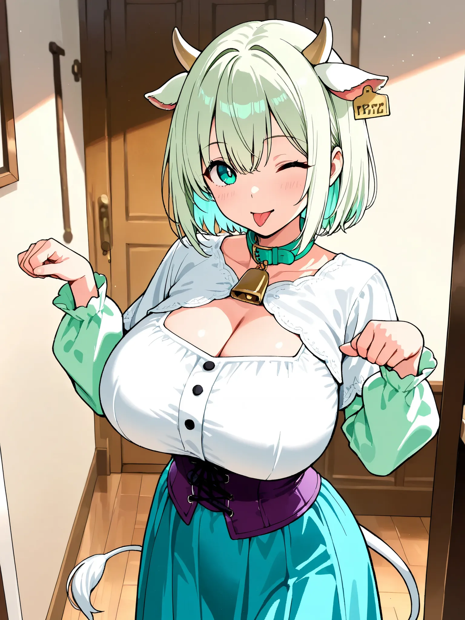 a beast woman, masterpiece,  Highest Quality,  Intricate Details, high resolution, Anatomically Accurate, 1 woman,

beige medium short hair, light blue inner color, blue-green eyes, white cow tail,  Beast Ears, girl, huge breast, 

in the room, cute pose, ...