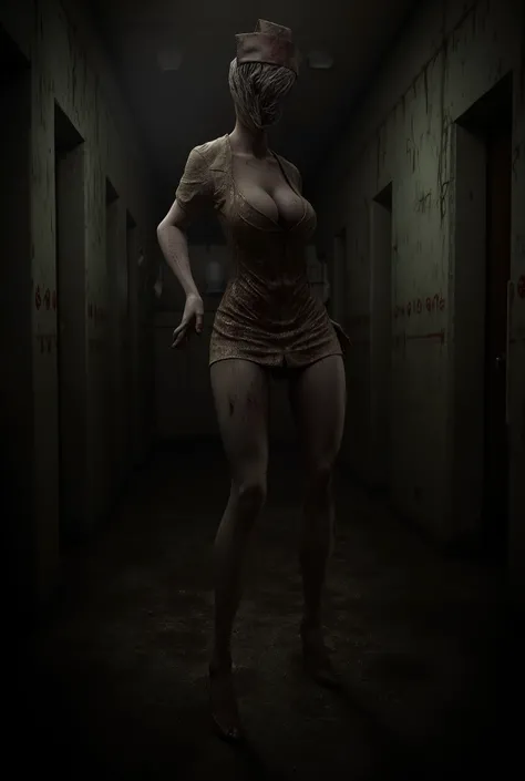 Silent Hill, nurse, big breasts, perfect breasts, perfect body, blood, darkness, dilapidated, Hospital hall background, sexy, seductive, high detail, masterpiece.