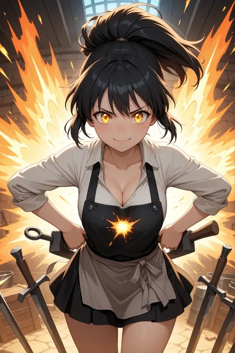 masterpiece, BREAK 1girl, 20 years old, beautiful detailed anime face, bright golden eyes, BREAK black hair in a high ponytail, smudged with soot, wearing a blacksmith's apprentice outfit: a sturdy apron over a shirt with an open collar showing cleavage, a...