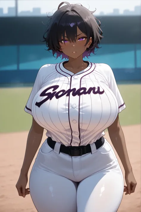 Solo, woman, short hair, messy hair, black hair, big breasts, brown skin, purple eyes, baseball uniform, looking viewer, AV