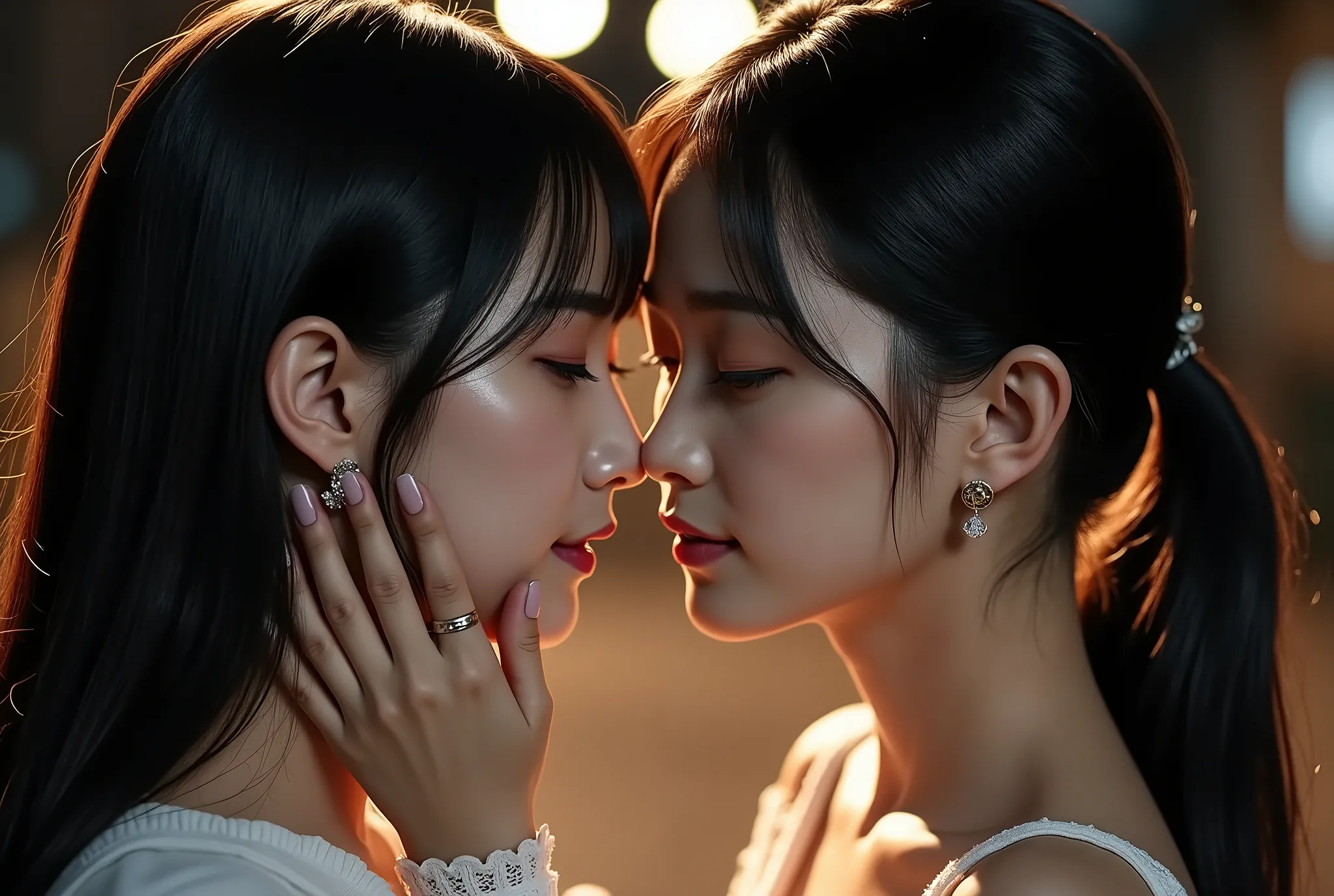 (((Face when kissing )))、((胸から上をFace-to-Faceから撮影:1.5))、(Face-to-Face)、(face the bulge)、(Both shoulders)、(Both ears )、(petite young Japanese woman traveling)、Back Alley at Night、(((Close your eyelids and mouth:1.4)))、( is facing his face diagonally upward)、...