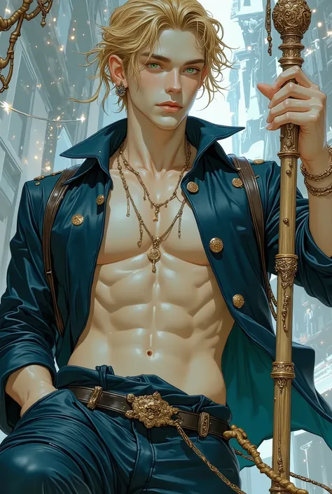 a handsome young man with a blend of features inspired by two references. He has blonde, curly hair that falls naturally, catching the light with a soft shine that enhances his youthful yet refined look.. His body is toned and athletic, like a professional...
