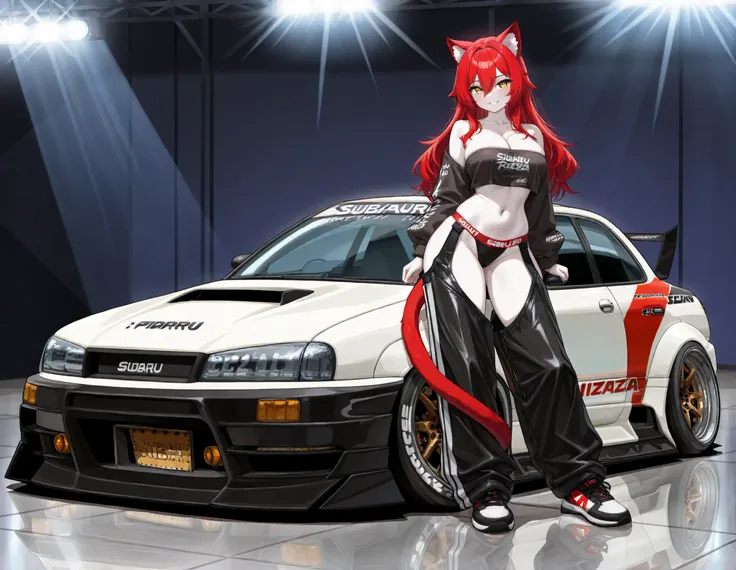 (1girl, solo, cat ears, red ears, cat tail, red tail, red hair, long hair, bangs, hair between eyes, beautiful face, yellow eyes, pale skin, white skin, beautiful breasts, cleavage, navel, wide hips, cropped high cut sweatshirt, strapless top, sport pantie...