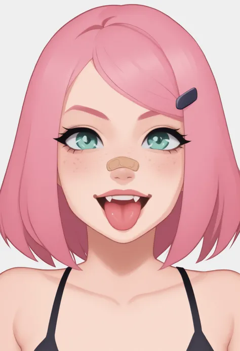 Sakura Haruno. small breasts, huge hips, pink hair, medium hair, light green eyes, thin lips, very fair skin, big forehead. | masterpiece, best quality, amazing quality, high resolution, aesthetic , smug, smile, open mouth, portrait, teasing, perky breasts...