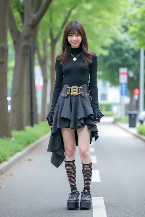 Create a stunning portrait of a beautiful Japanese idol girl with a slender figure, small chest, and thin legs. She has semi-long hair and is wearing a cool costume that blends punk and visual kei Harajuku fashion. The outfit features a tight top with arm ...
