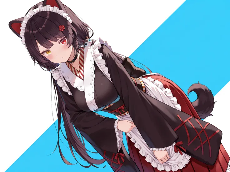1girlsolo,masterpiece,best quality, amazing quality, highres, absurdres, very aesthetic, high resolution, ultra detailed, perfect details,(masterpiece, detailed:1.2),nijitoko,medium breasts,heterochromia,red eyes,yellow eyes,black hair,dog girl,dog ears,do...