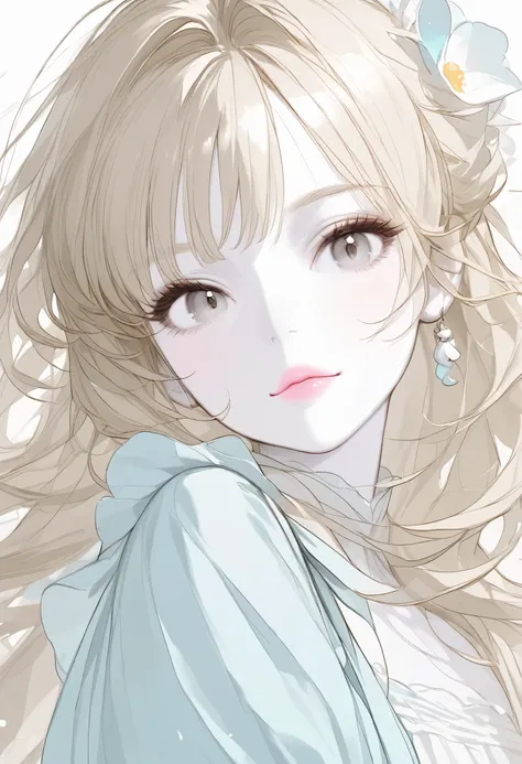 Girl, blonde brown hair, gray eyes, sharp features, white skin, light pink lips, beautiful, perfect, wearing a dress with light blue sleeves, bright and clear colors, high quality resolution.
