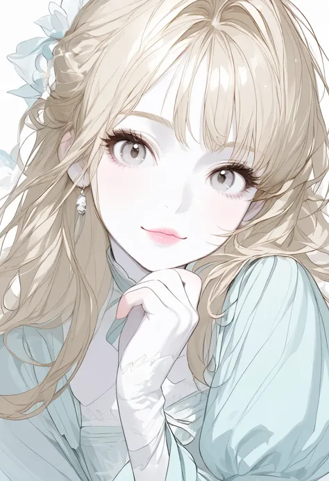 Girl, blonde brown hair, gray eyes, sharp features, white skin, light pink lips, beautiful, perfect, wearing a dress with light blue sleeves, bright and clear colors, high quality resolution.