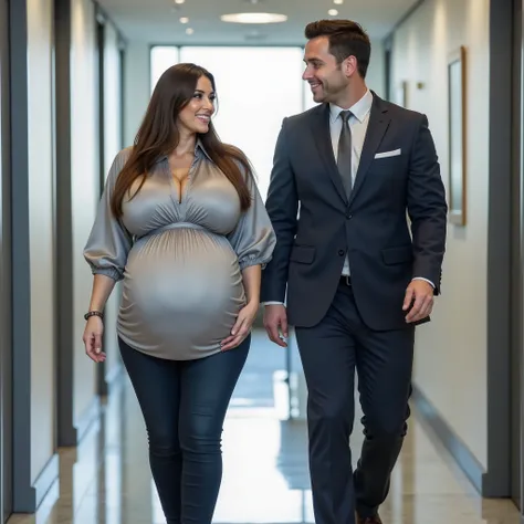 a very attractive 45yo pregnant business woman, huge and juicy saggy breasts, low hanging breasts, braless, macromastia, wide hips, strong big thighs, very long beautiful open hair, correct and conservative business attire, silver high-necked and oversized...