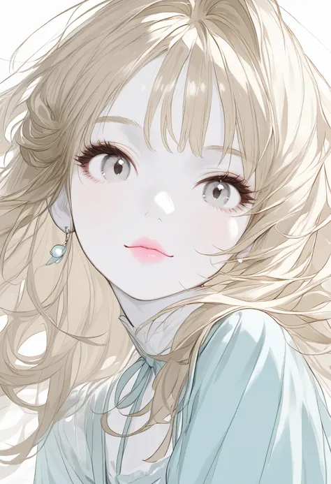 Girl, blonde brown hair, gray eyes, sharp features, white skin, light pink lips, beautiful, perfect, wearing a dress with light blue sleeves, bright and clear colors, high quality resolution.