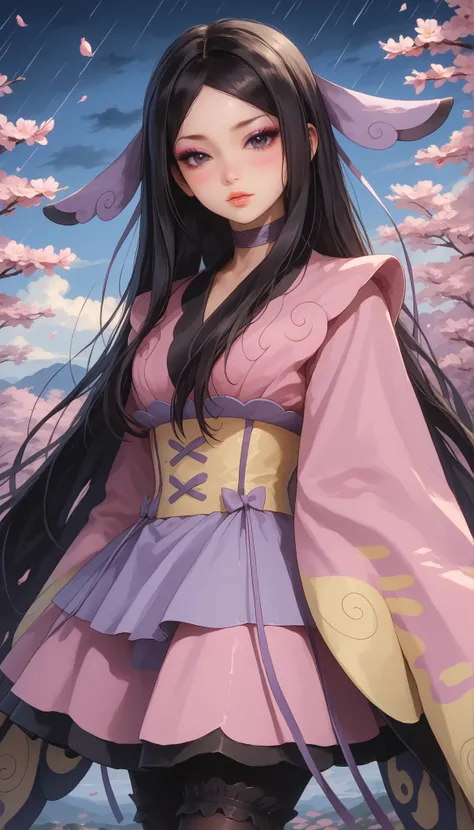 zzValerie, long hair, black hair, big black eyes, highly detailed face, glossy detailed lips, parted bangs, eyeshadow, hair ornament, black pantyhose, choker, dress, furisode, highly detailed clothing, japanese clothes, kimono, long flowing sleeves that co...