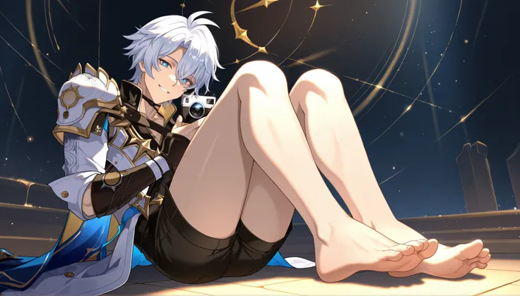 Phainon, honkai star rail, 1 men, Solo, High Resolution, Short Hair, blue Eyes, white hair, Masterpiece, Accurate, Best Quality, Detail, High Details, Quality, Super Detailed, full body, showing bare feet at viewer, smile, full body, feet step at camera