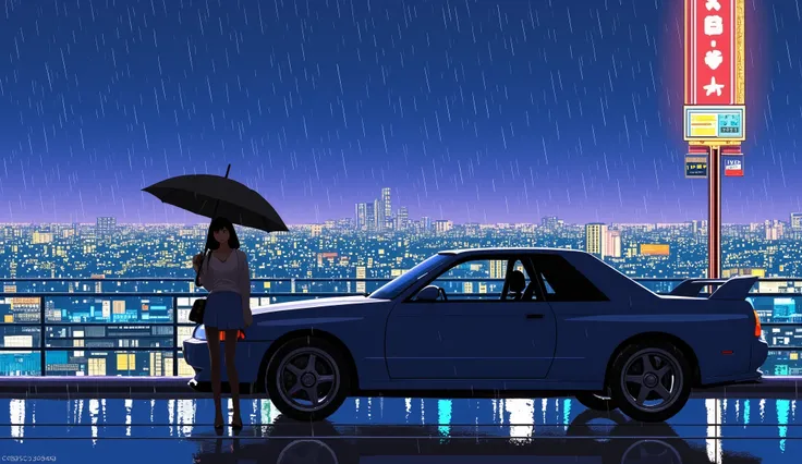80's、night、It's raining、NISSAN、A man is holding an umbrella next to the R32 Skyline GTR