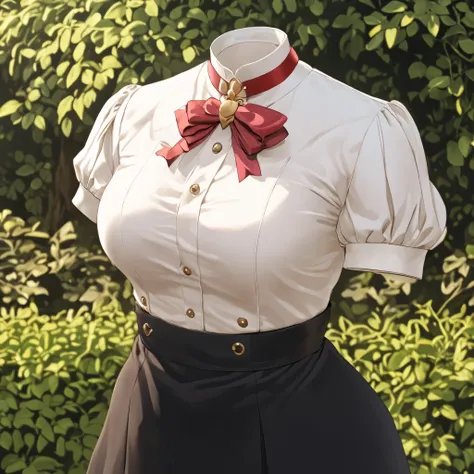 Hilda Valentine Goneril, white blouse, black skirt, Garreg Mach uniform, masterpiece, in garden, (invisible:1.5, no humans:1.5, headless:1.5, faceless:1.5), cute big breasts, detailed cloth texture, extremely details, close-up to breasts