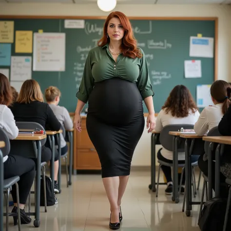Beautiful teacher,  mature woman (((40 YEARS))). ((pregnant)) proudly and confidently walking through the classroom,  white-skinned woman, beautiful face,  Red haired hair, profiled nose, voluptuous body, woman with generous curves , hourglass figure, narr...