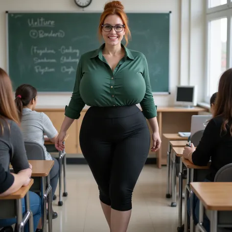 Beautiful teacher,  mature woman, glasses (((40 YEARS))),  proudly and confidently walking through the classroom, admired by her students, white-skinned woman, beautiful face,  tied-up Red hair, voluptuous body, woman with generous curves , hourglass figur...