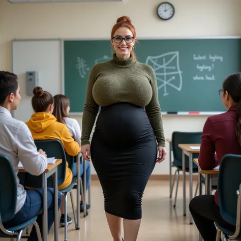 Beautiful teacher,  mature woman, glasses (((40 YEARS))),  proudly and confidently walking through the classroom, admired by her students, white-skinned woman, beautiful face,  tied-up Red hair, voluptuous body, woman with generous curves , hourglass figur...