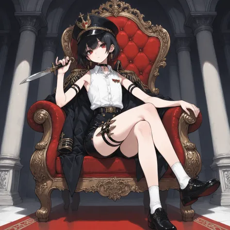 ((Best quality)), ((masterpieces)), (detailed), Perfect Face, SOLO, ((femboy)), tomgirl, ANIME, beautiful detailed eyes, BOB hair, BOBed hair, black hair, RED EYES, BARE thighs, (((BARE LEG))), ((BLACK short pants)), (((dress shirt))), ((Flat chest)), Chok...