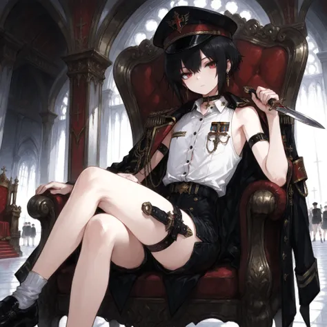 ((Best quality)), ((masterpieces)), (detailed), Perfect Face, SOLO, ((femboy)), tomgirl, ANIME, beautiful detailed eyes, BOB hair, BOBed hair, black hair, RED EYES, BARE thighs, (((BARE LEG))), ((BLACK short pants)), (((dress shirt))), ((Flat chest)), Chok...