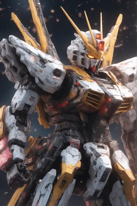 (Highest Quality,masterpiece, complicated,super detail,Realistic,RAW pictures,8K ultra HD,超high resolution,photorealistic style,bj_Gundam_SDXL,(( giant bazooka )), Fin Funnel 、Psycho Frame Included、 Alone, yellow_eye, Depth of_body, No_Human, Shine, Robot,...