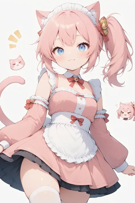 Cat ears、Maid Outfit、pink hair、long hair、side ponytail、cute、blue eyes、 very energetic girl 、>_<,:3