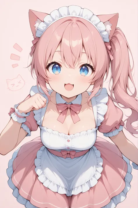 Cat ears、Maid Outfit、pink hair、long hair、side ponytail、cute、blue eyes、 very energetic girl 、>_<,:trike a pose