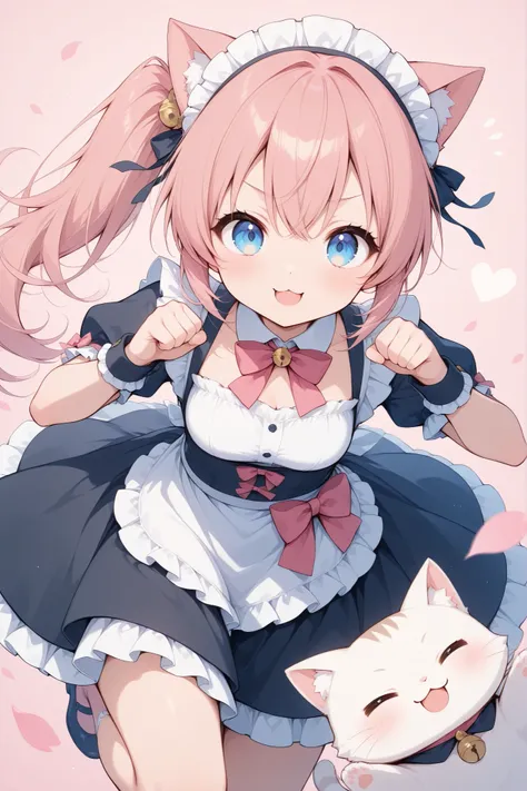 Cat ears、Maid Outfit、pink hair、long hair、side ponytail、cute、blue eyes、 very energetic girl 、:3,jumping、Pose