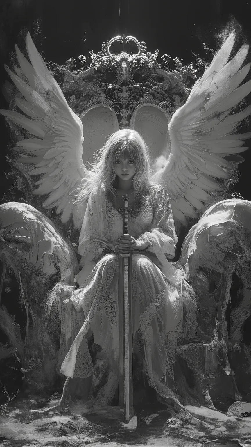 A beautiful angelic woman with a colossal sword, white wings, and a lace outfit sitting on a throne, in the style of vintage photography, in black and white.