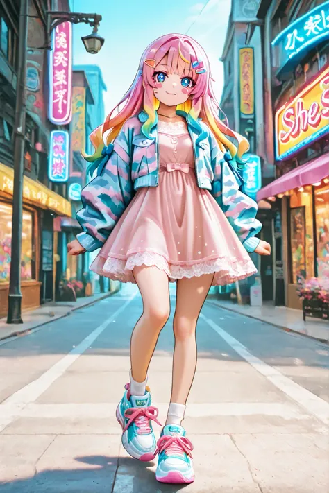 A vibrant Harajuku street scene at Takeshita-dori, featuring a young woman in a pastel pink Sweet ta dress with ruffles and lace, mixed with modern streetwear elements like oversized sneakers and a BAPE camo jacket. Her hair is adorned with large bows and ...