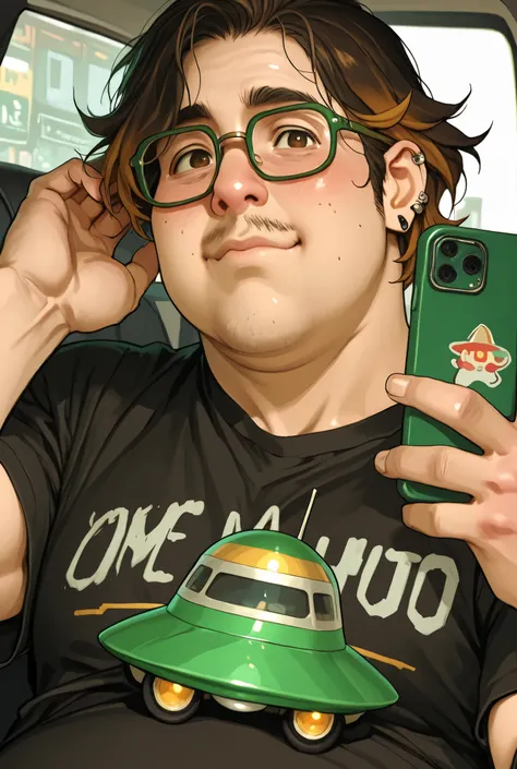 A fat nerdy boy, white handsome man with a a fat cherubic face, brown hair with green dyed tips, long crooked roman hooked nose. Facial piercings, Scruffy brown heard. wears a black muscle tee with soft chest. Shirt that has a UFO design on it. his expres...