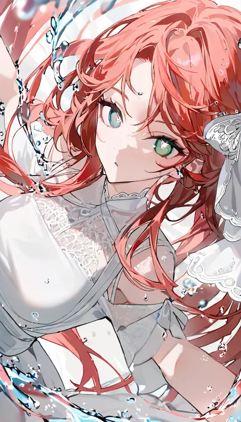 Very detailed,( Highest quality ),((Masterpiece)),(high resolution),originally,Very detailed8K壁紙,(very delicate and beautiful), water drop shaped pupils , white background, long hair, red hair, green eyes, Korean guy wearing a martial arts , raised, 1 pers...