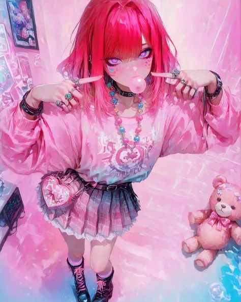  A beautiful woman (beautiful curves), with long red hair with pink tips and bright purple eyes (eyes rich in detail), (detailed eyes) with pink and orange ombré hair, She wears an oversized sweatshirt in pastel colors, with a print of an anime character m...