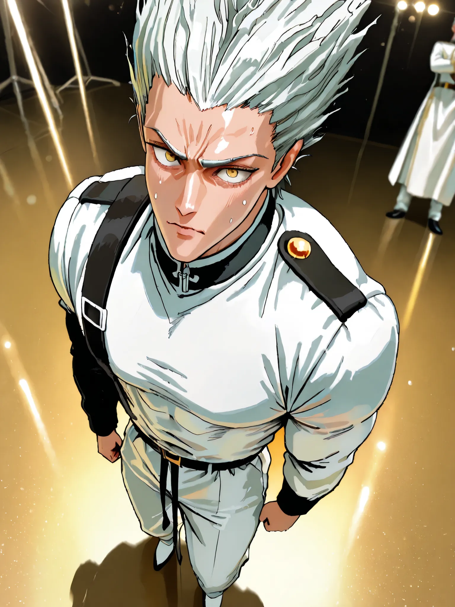 Garou, One Punch Man, yellow eyes, gray hair, 18 years old, guy, 177cm, Black Chewy Neck Polar Revealing the Body, White uniform pants, Uniform Straps, Full Body High Definition,Masterpiece,Extremely detailed,Realistic,photorealistic,HDR,UHD,Studio Lightin...