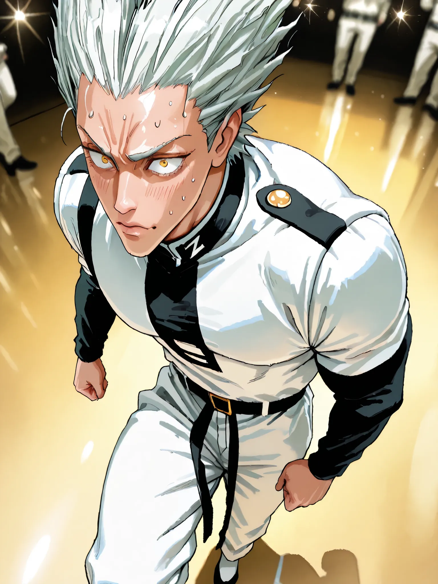 Garou, One Punch Man, yellow eyes, gray hair, 18 years old, guy, 177cm, Black Chewy Neck Polar Revealing the Body, White uniform pants, Uniform Straps, Full Body High Definition,Masterpiece,Extremely detailed,Realistic,photorealistic,HDR,UHD,Studio Lightin...